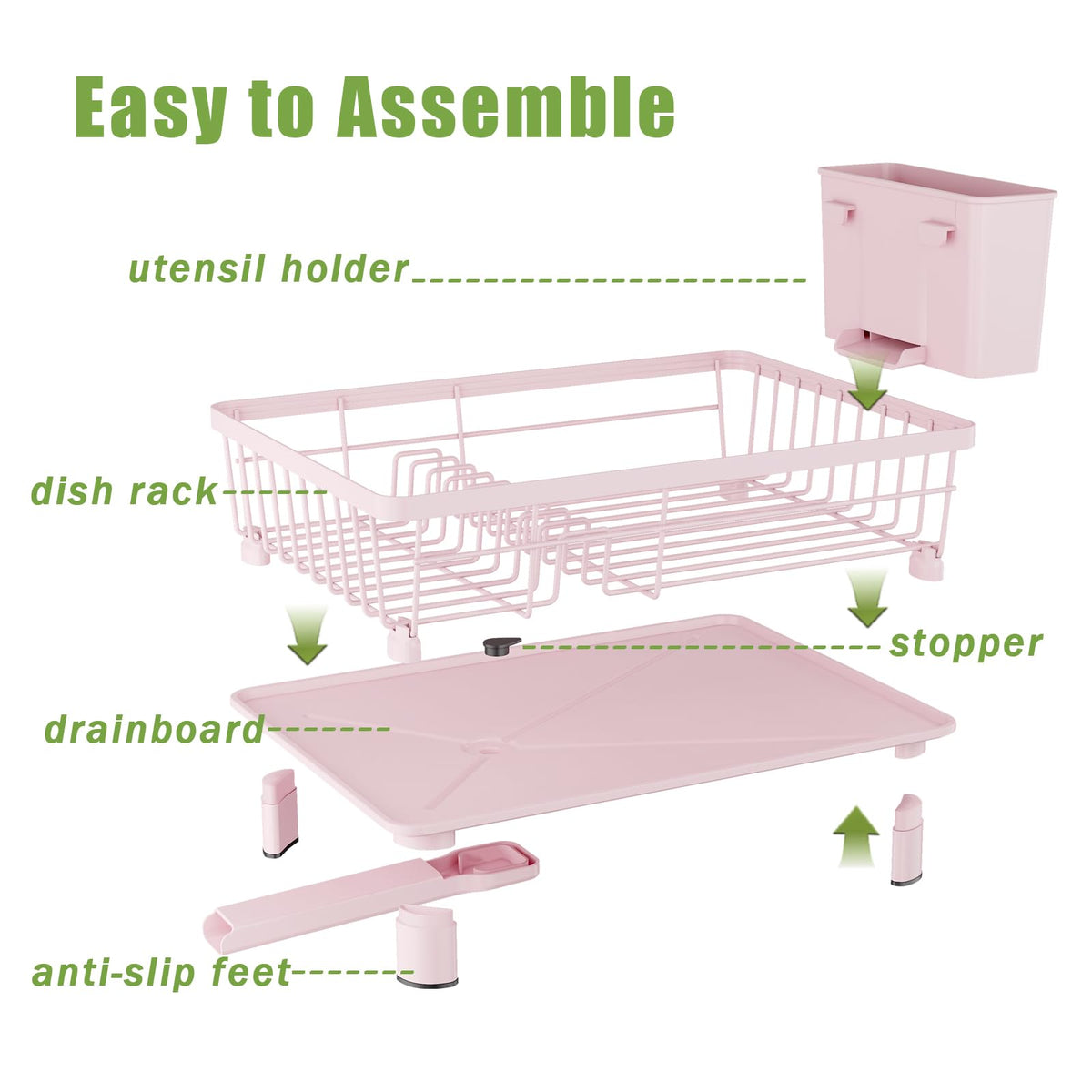 GHERISN pink dish drainer rack with utensil holder and cutting board slots