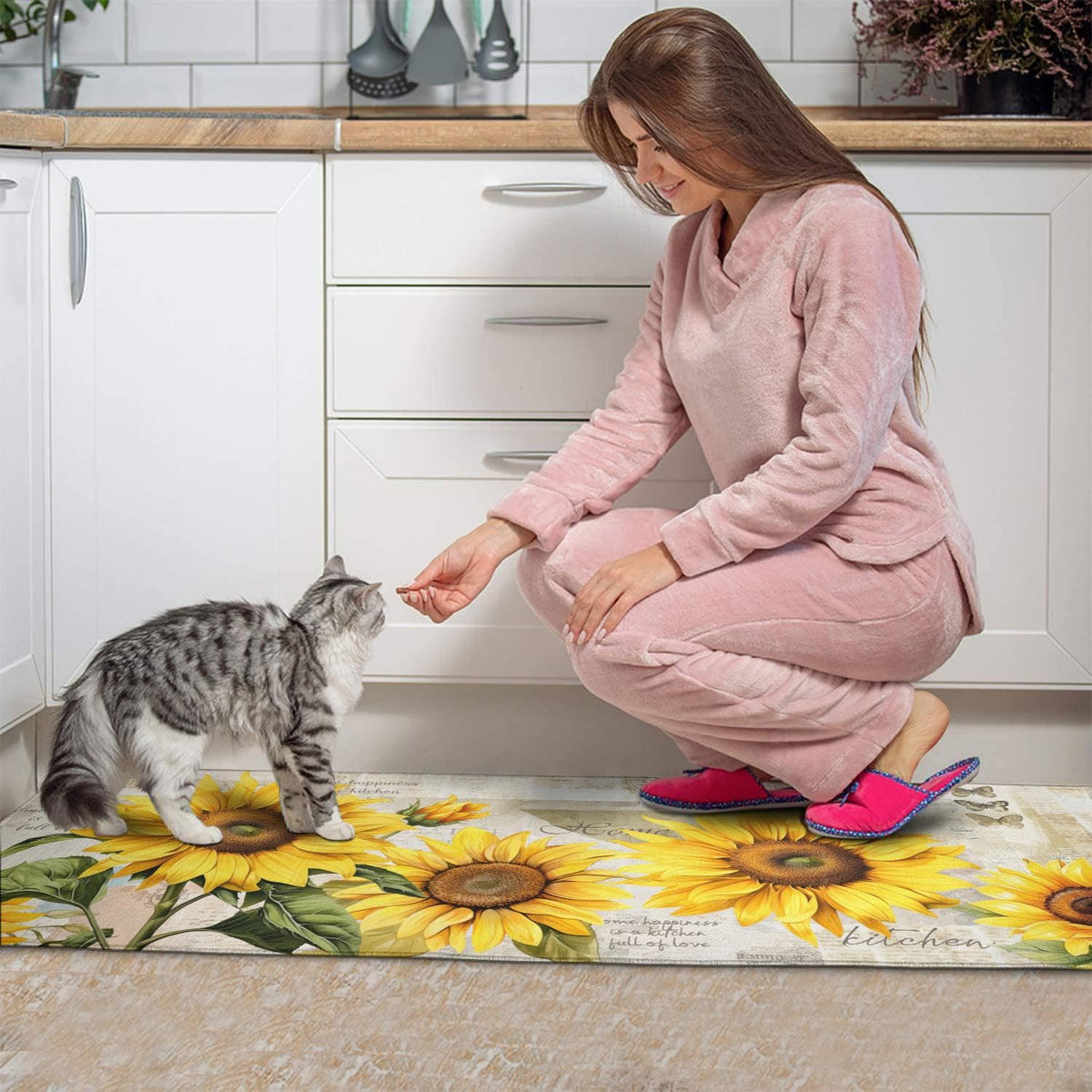 Ghroiep sunflower kitchen rug closeup shows bold flower detail.