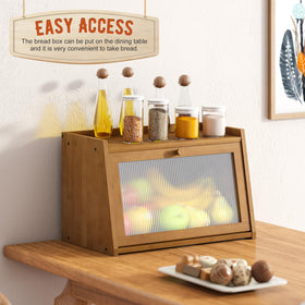 GHWIE bamboo bread box on counter showing compact, sturdy design.