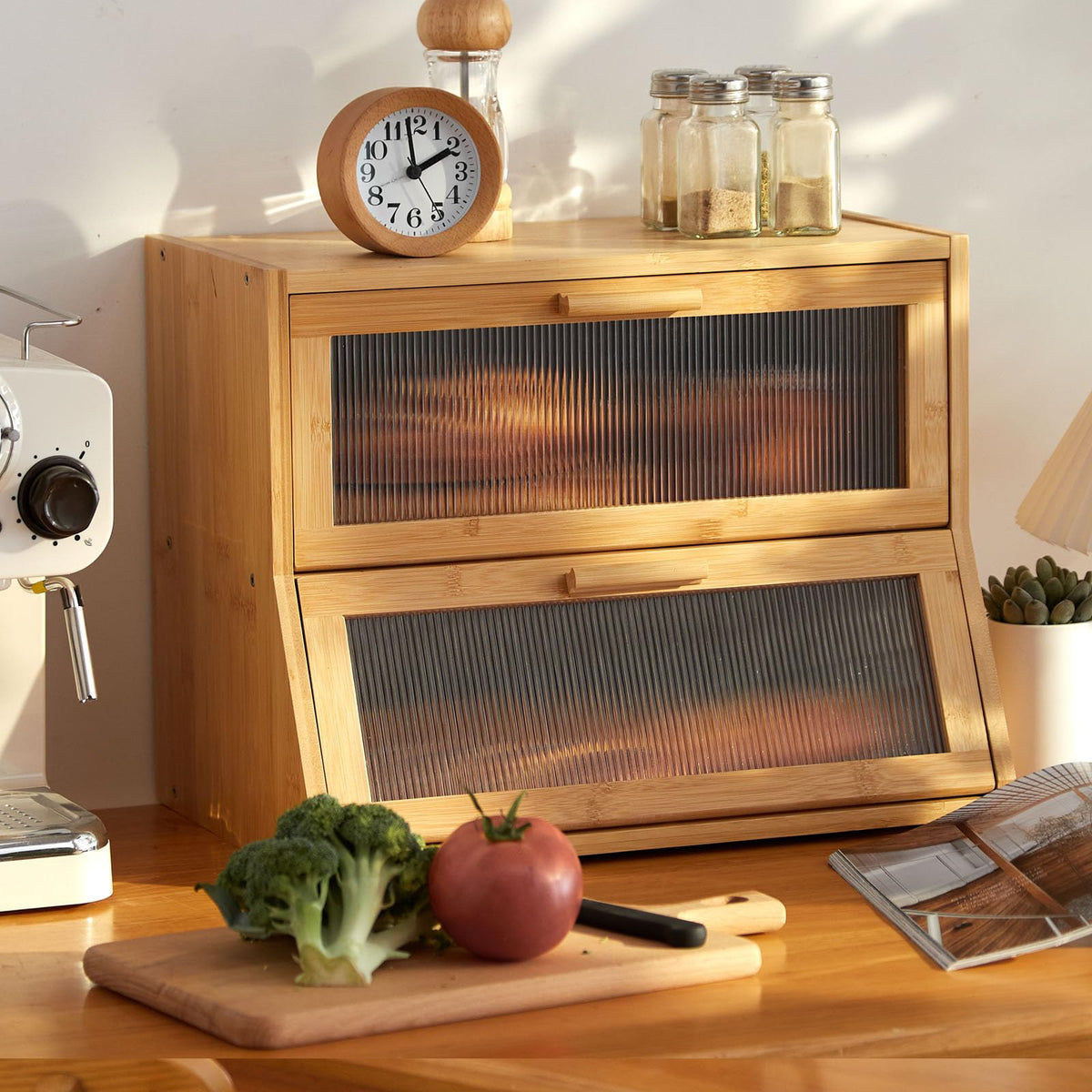 GHWIE bamboo bread box front view in natural finish keeps counters tidy