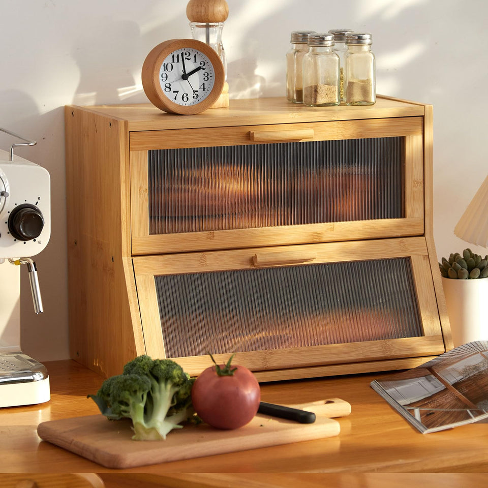 GHWIE bamboo bread box front view in natural finish keeps counters tidy