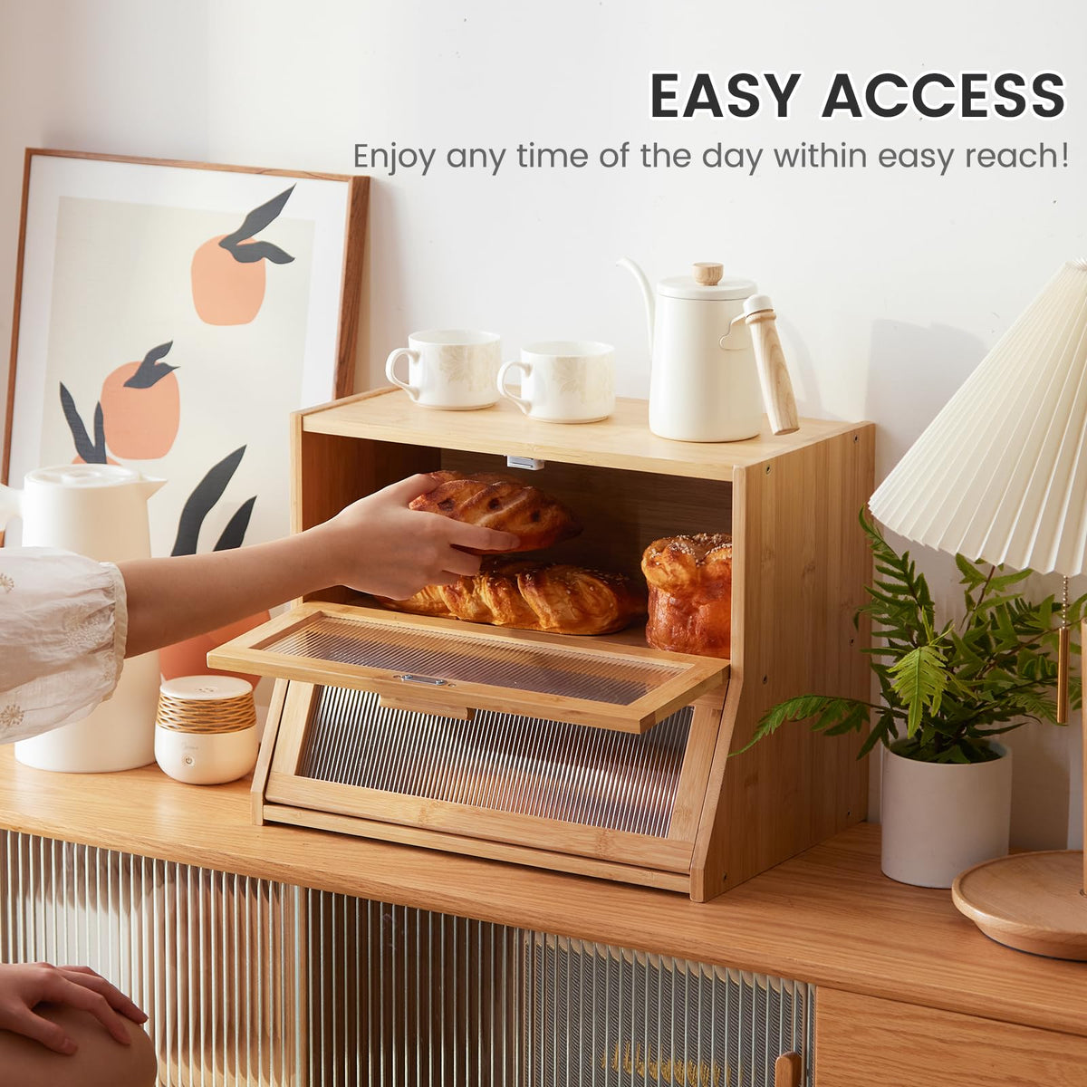 GHWIE bamboo bread box side profile blends with kitchen decor