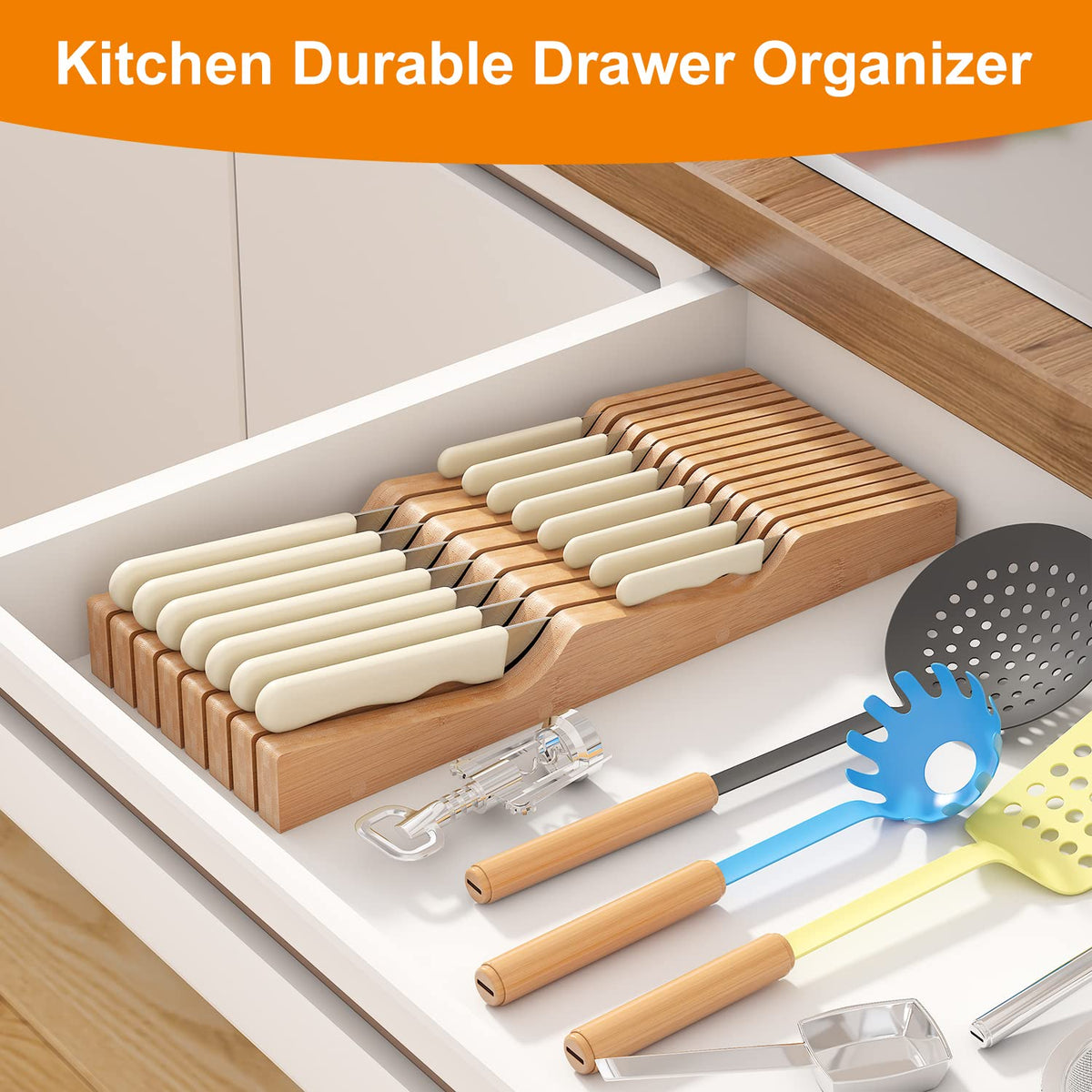 GHWIE bamboo drawer organizer holds up to 11 knives for versatile prep