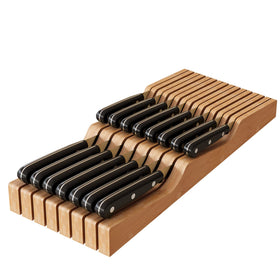 GHWIE in-drawer knife block organizer with natural finish keeps blades accessible for quick prep