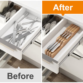 Close-up of GHWIE knife drawer organizer for easy knife access.