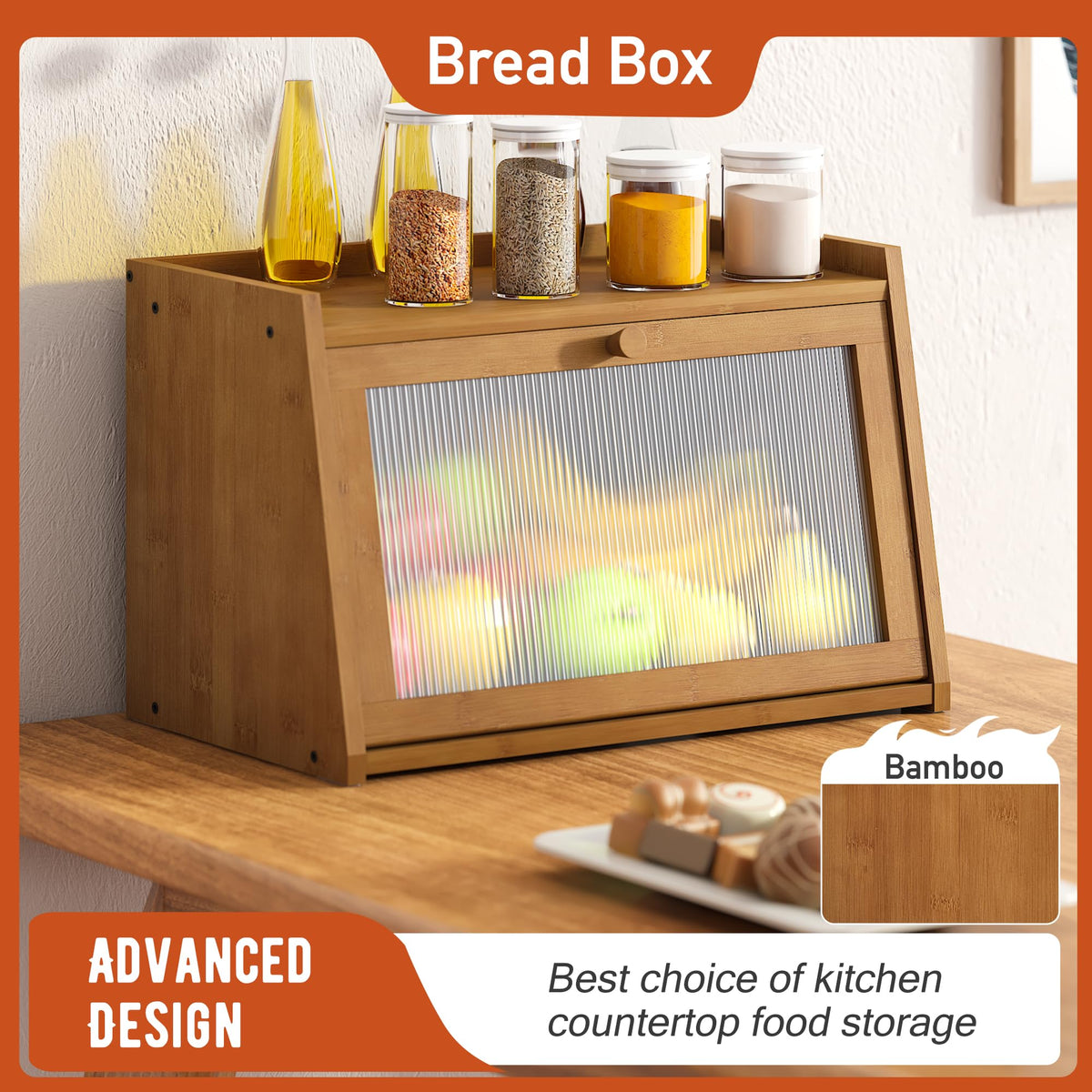 GHWIE large bread box with coffee finish open door shows easy access.