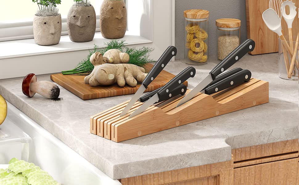 Protective slots keep blades safe and sharp during drawer use.
