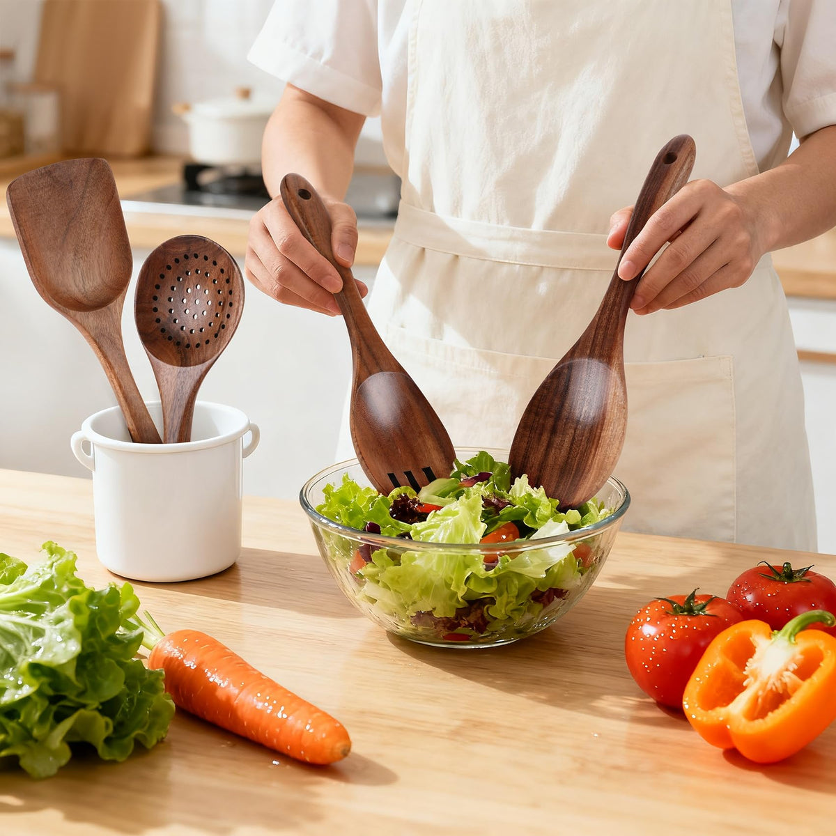 GianAbor teak wood utensils close-up finish shows natural grain and durability