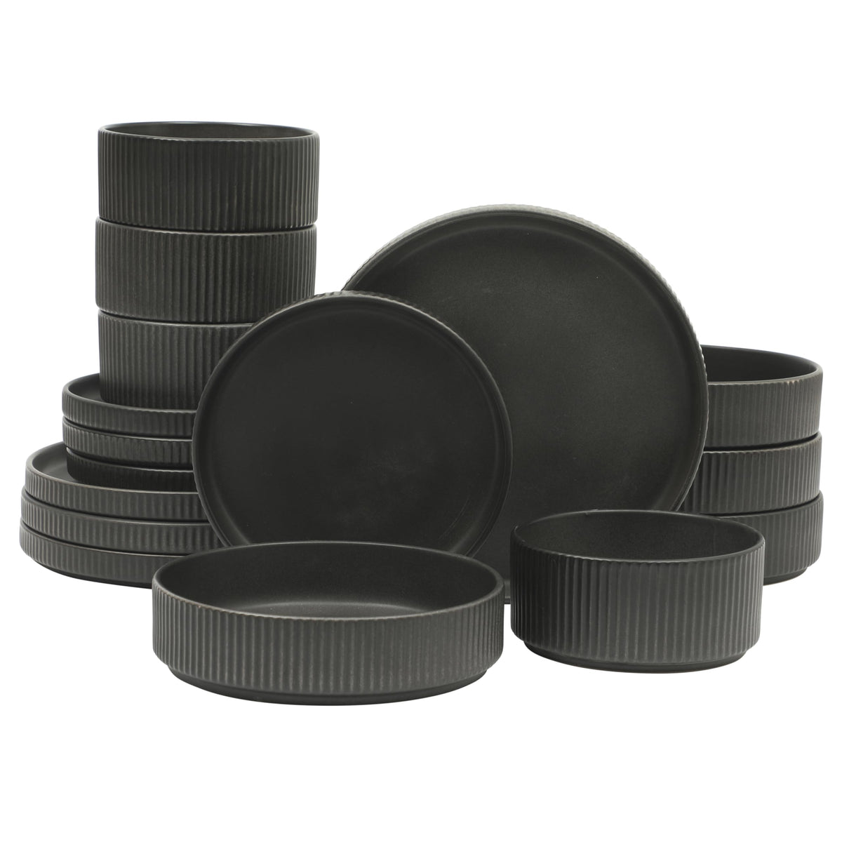 Gibson Elite Deerfield 16-piece set dinner plates with matte black glaze for elegant serving