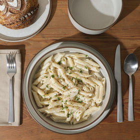 Gibson Elite Gelston dinner bowl with curved sides, great for soups or pasta.