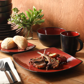 Close view of the bold red and black glaze on Gibson Elite Soho Lounge Square dinnerware.