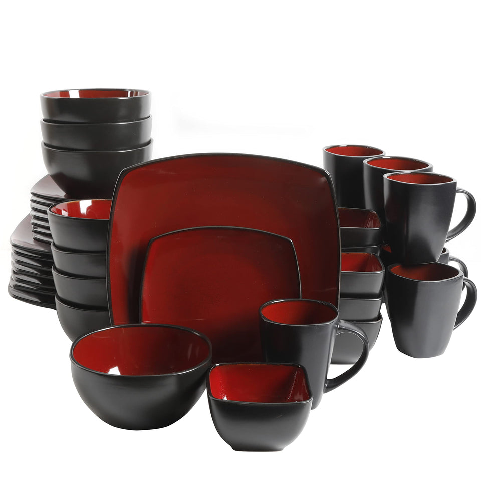 Gibson Elite Soho Lounge square dinner plate in red and black for modern everyday dining.