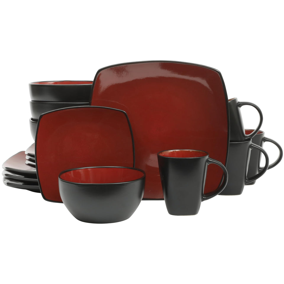 Gibson Elite Soho Lounge Square dinner plates with red and black reactive glaze, durable stoneware for daily meals.