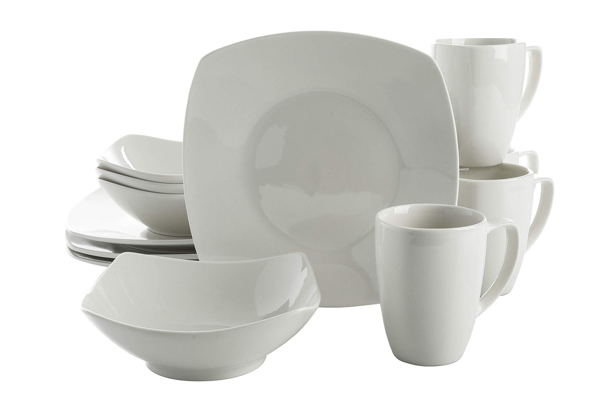 Gibson Home Amelia Court dinner plate: white square porcelain, durable daily use