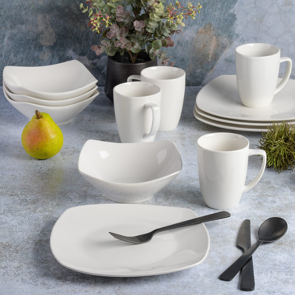 Gibson Home Amelia Court square design: classic white dinnerware for versatile occasions