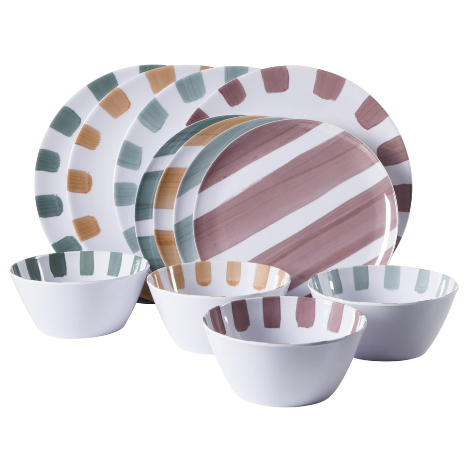 Gibson Home Cottage Stripes dinner plates offer durable melamine for indoor and outdoor use.