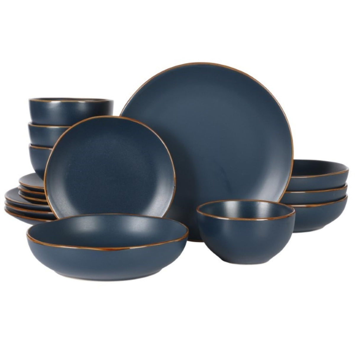 Gibson Home Hazeltine dinner plates show navy stoneware for daily meals.
