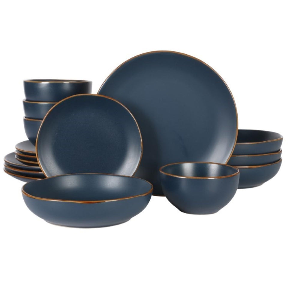 Gibson Home Hazeltine dinner plates show navy stoneware for daily meals.