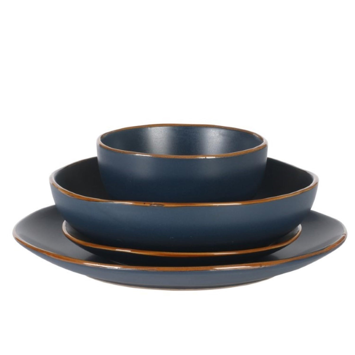 Gibson Home Hazeltine navy tableware pairs with bold color accents.