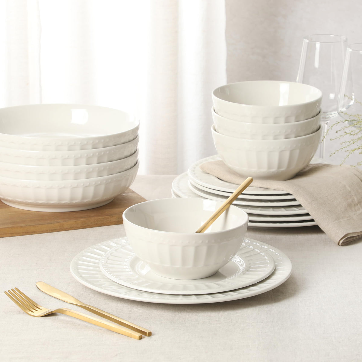 Gibson Home Melbourne white cereal bowls closeup for morning routines.