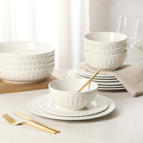 Gibson Home Melbourne white cereal bowls closeup for morning routines.