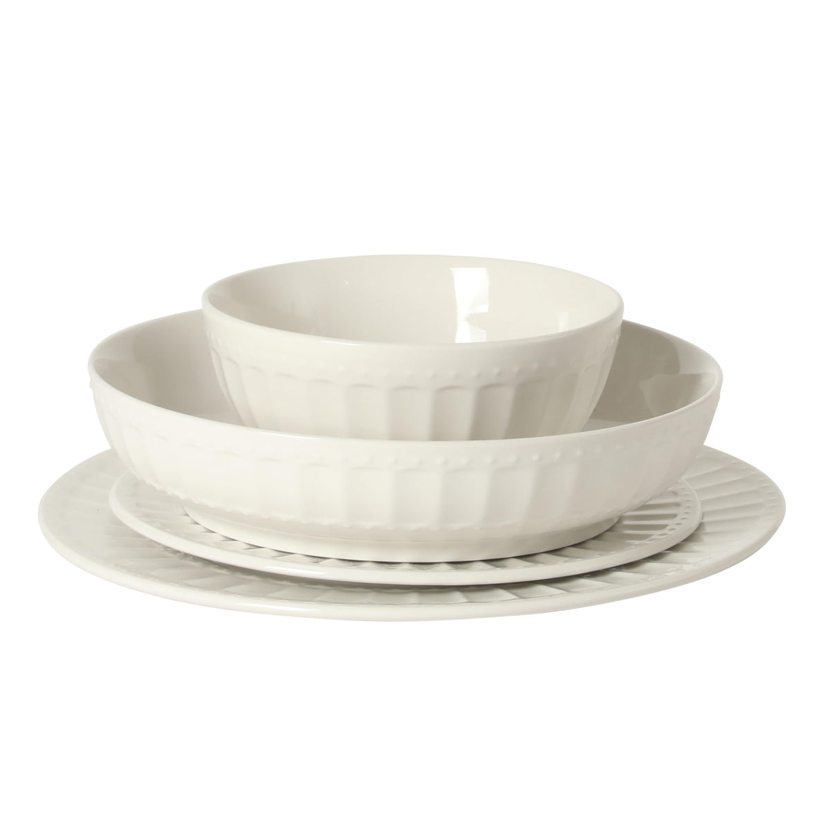 Gibson Home Melbourne white stack plates for easy storage.