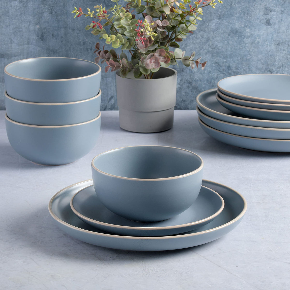 Gibson Home Rockaway stackable blue plates and bowls saving storage space