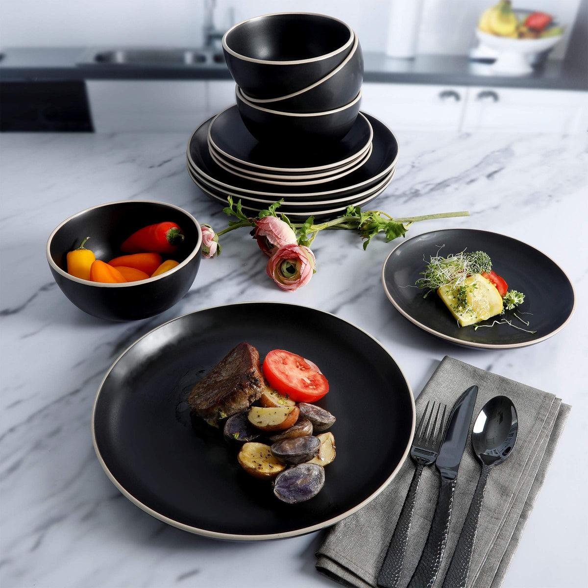 Gibson Home Rockaway stackable plates save cupboard space and simplify hosting.