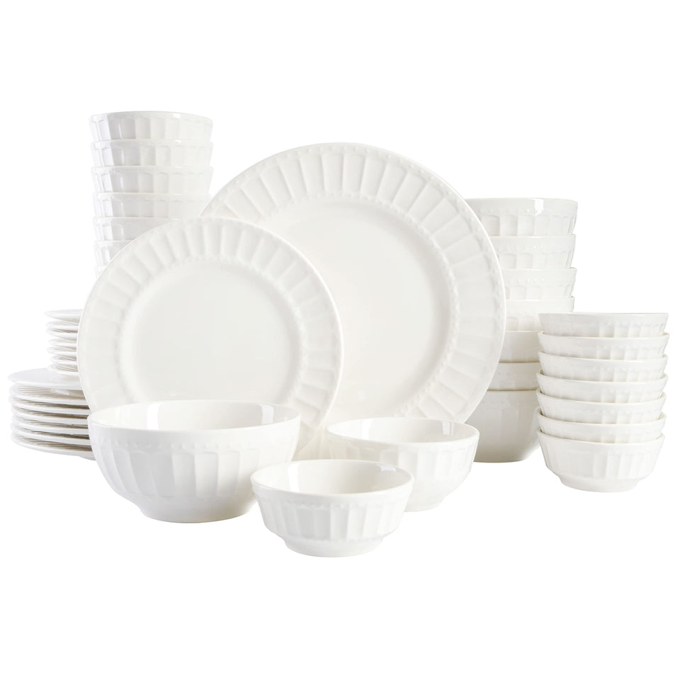 Gibson Home Zen Buffet porcelain dinnerware full set on table, ideal for gatherings.