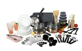 Gibson Home 74-piece Kitchen in a Box contents shown as a complete starter set for new kitchens