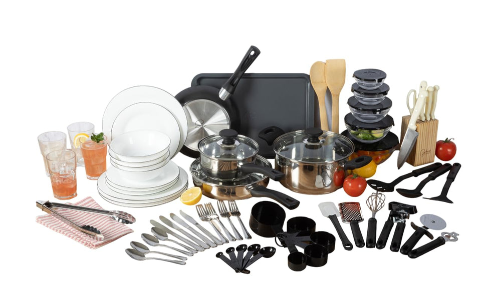 Gibson Home 74-piece Kitchen in a Box contents shown as a complete starter set for new kitchens