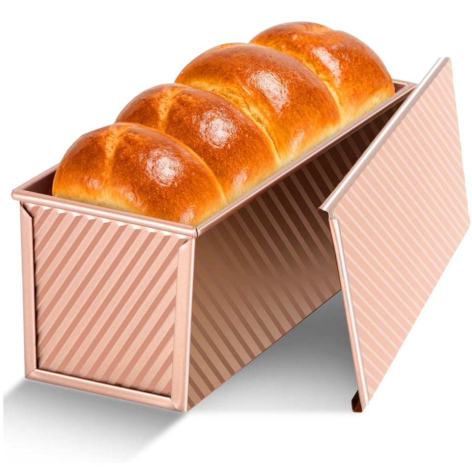 Gicyiit Pullman loaf pan with lid on exterior for uniform square loaves.