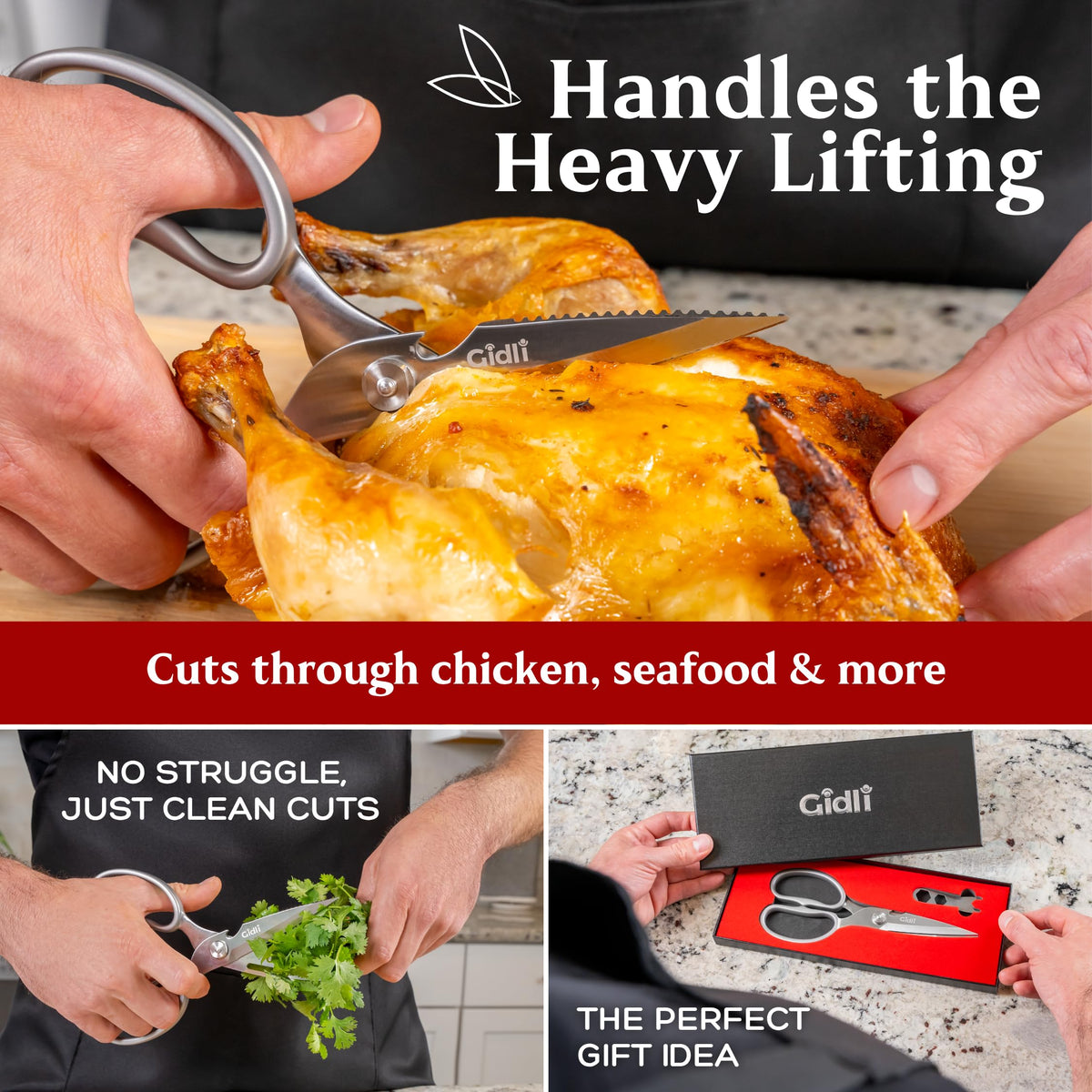 Gidli dishwasher-safe kitchen shears ready for easy cleaning after meals.
