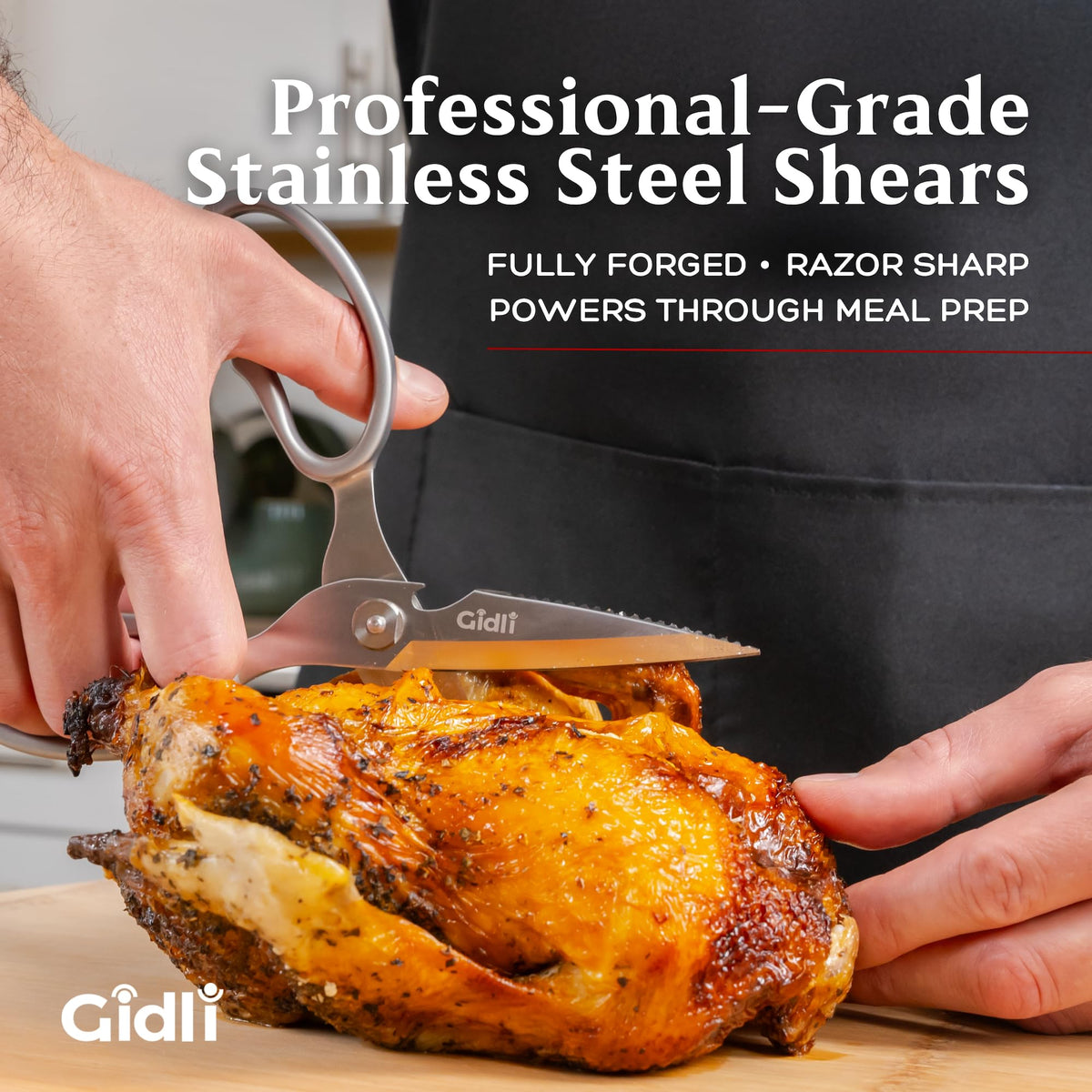 Gidli heavy-duty kitchen shears in use for chopping chicken and vegetables.