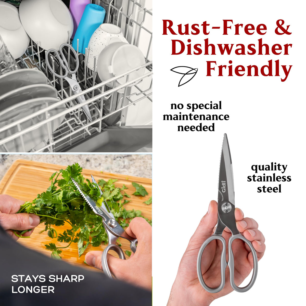 Gidli kitchen scissors with peeler and fish scaler for versatile prep.