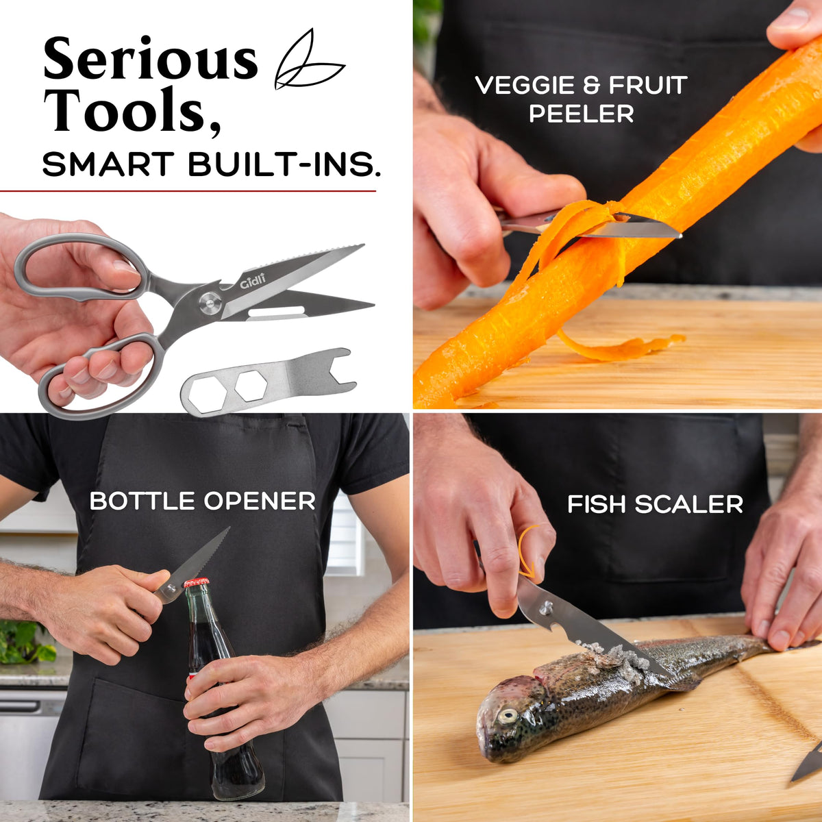 Gidli kitchen scissors with built-in bottle opener for quick beverage opening.