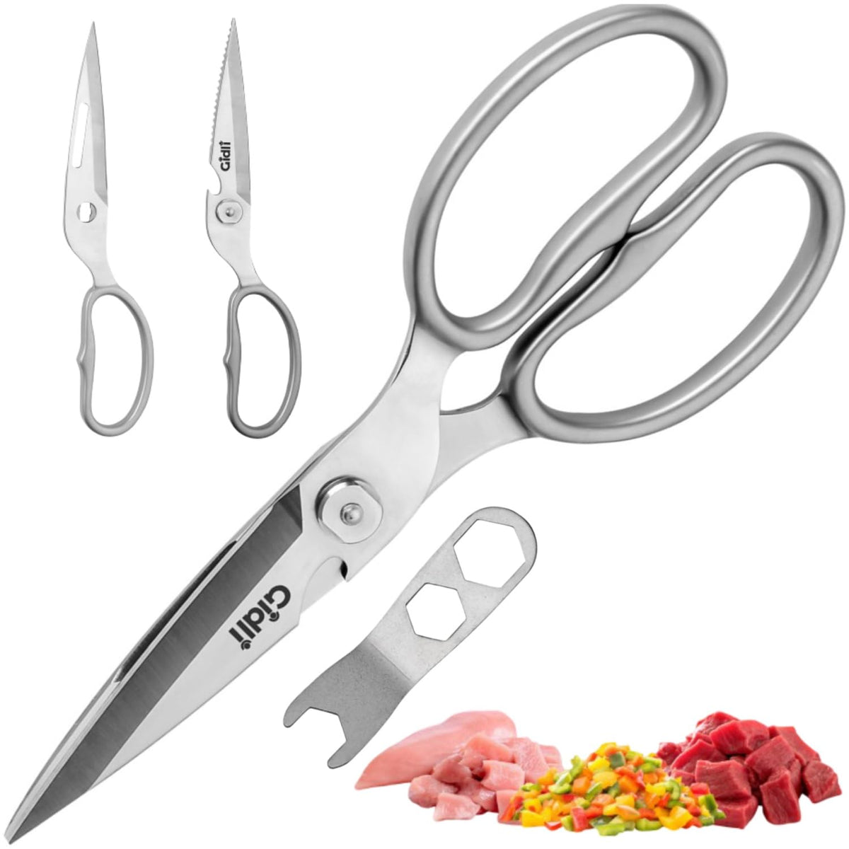 Gidli premium kitchen scissors blade closeup demonstrates sharp, durable blades for everyday prep.