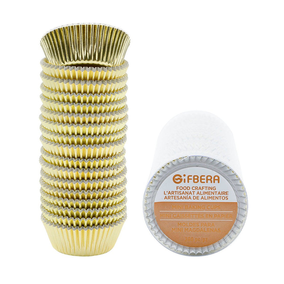 Gifbera mini foil baking cups gold pack ready for festive party desserts.