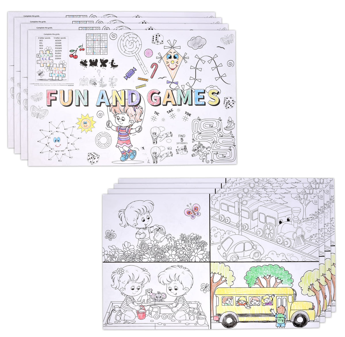 Gift Boutique activity placemats with puzzles for kid-friendly dining.