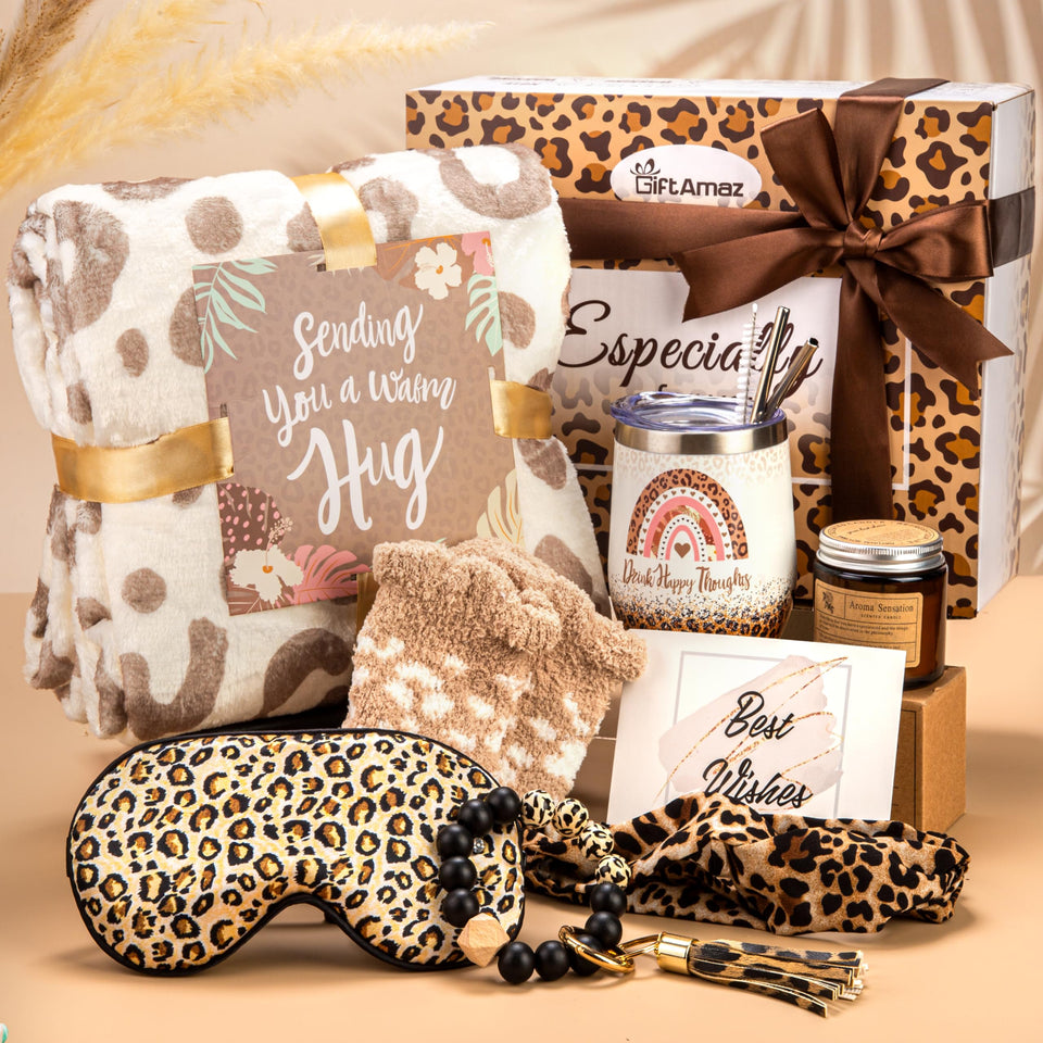 GiftAmaz leopard gifts set front view, a stylish self-care package for her.