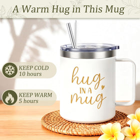Giftota Hug in a Mug tumbler keeps drinks warm during tough days.