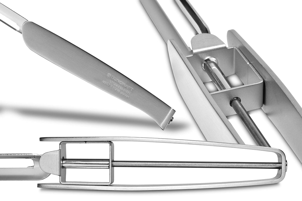 Potato peeling with long peeler delivering even-thickness slices.