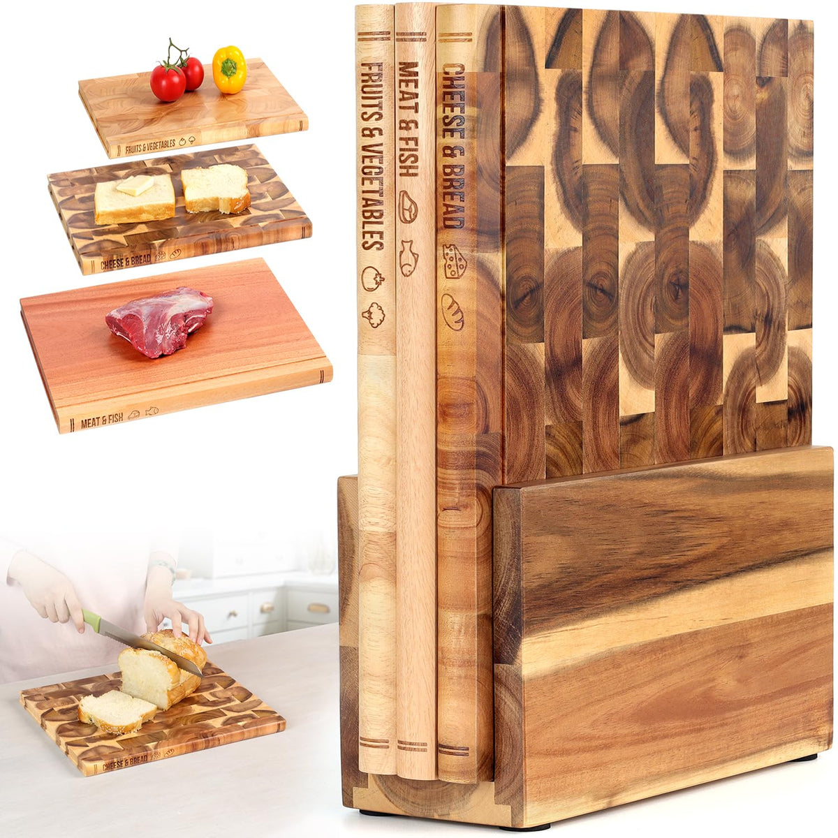 GIGASEO book cutting board set with vertical stand for organized display