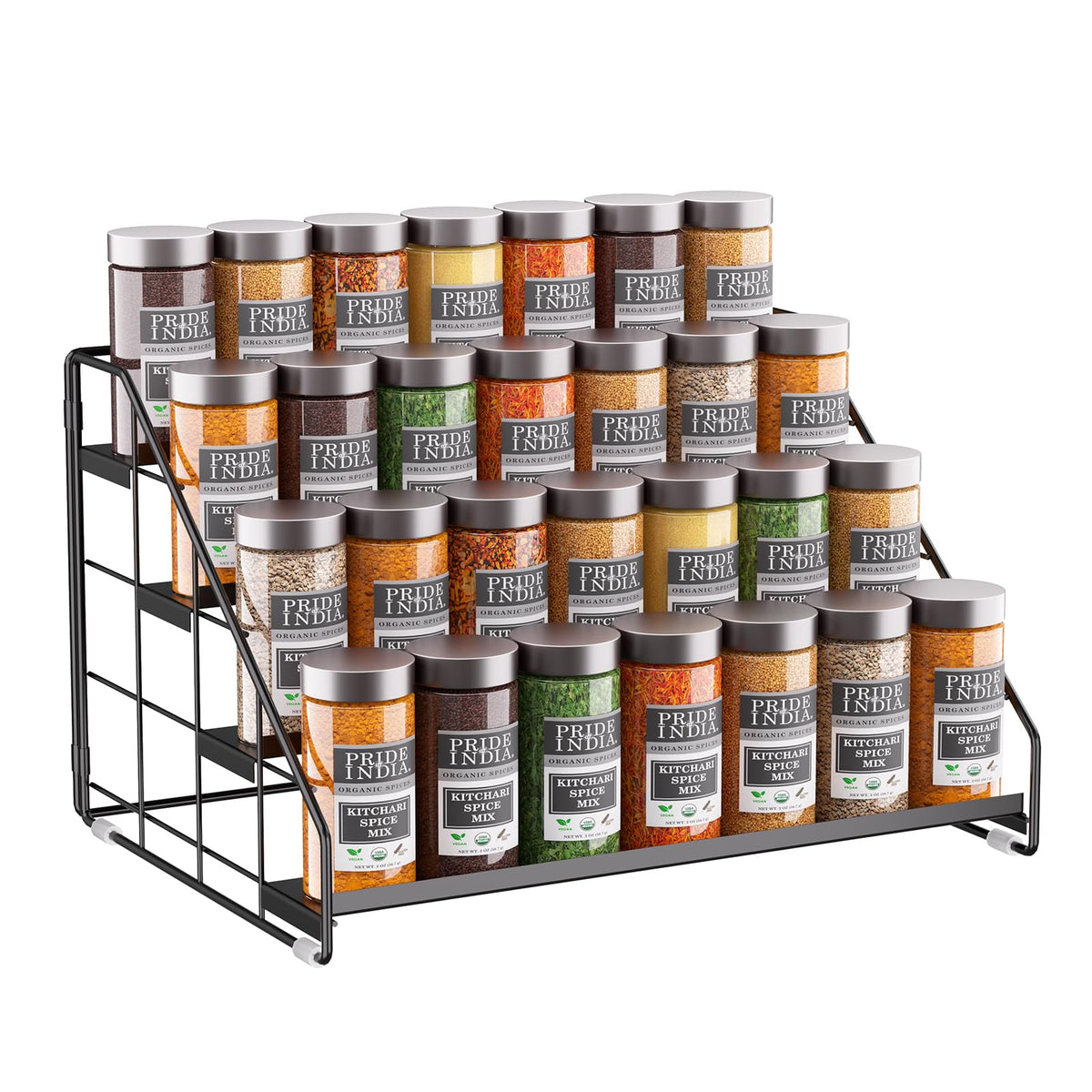 GIGIFTREE 4-tier spice rack on kitchen counter offers organized spice storage and accessibility.