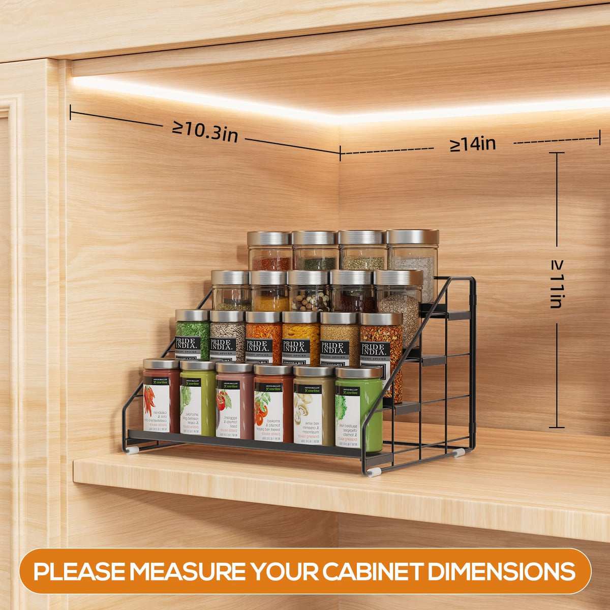GIGIFTREE spice rack depth adjustment enables fitting various bottle sizes.