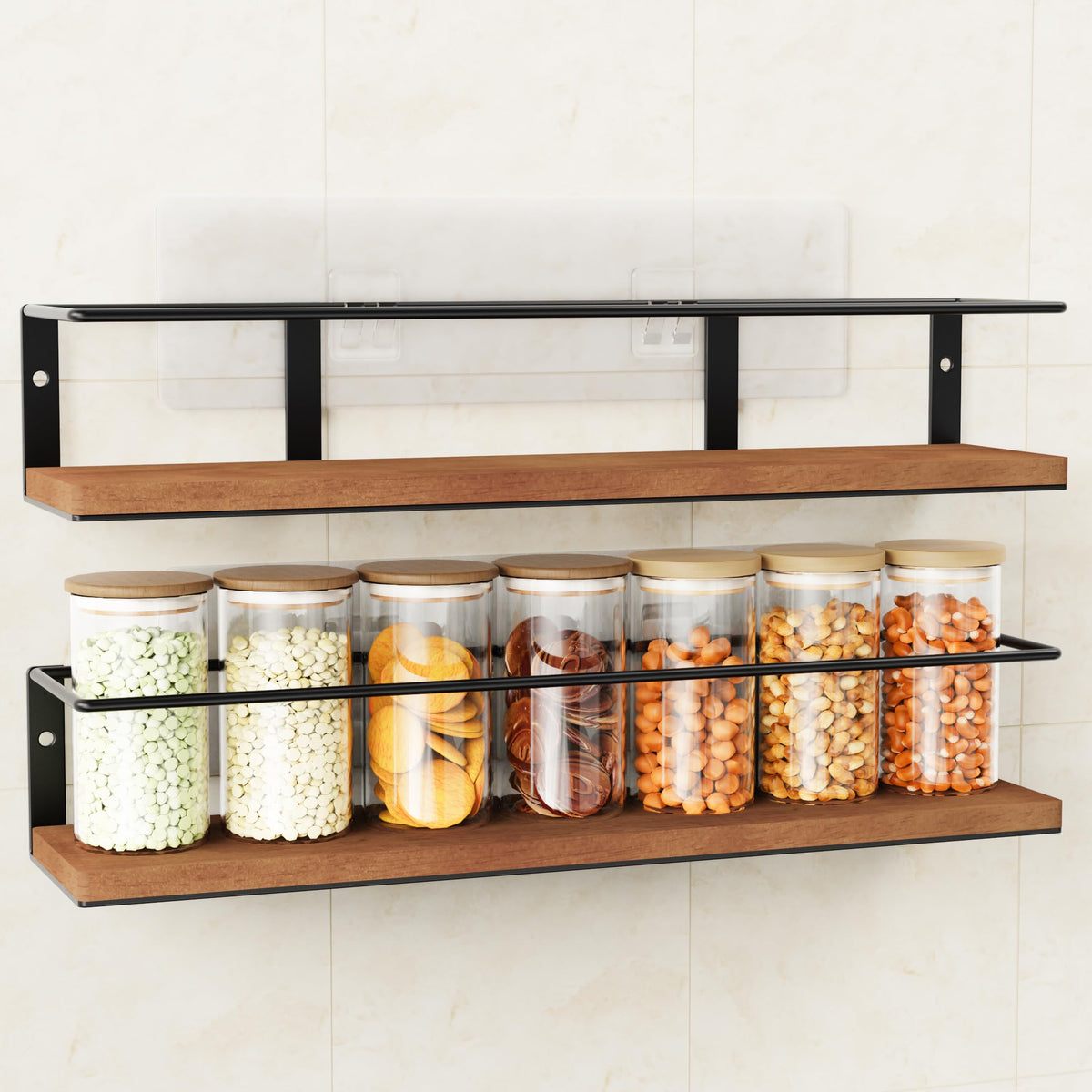 GIGIFTREE spice rack wall-mount adhesive close-up highlighting rustic wood and metal brackets.