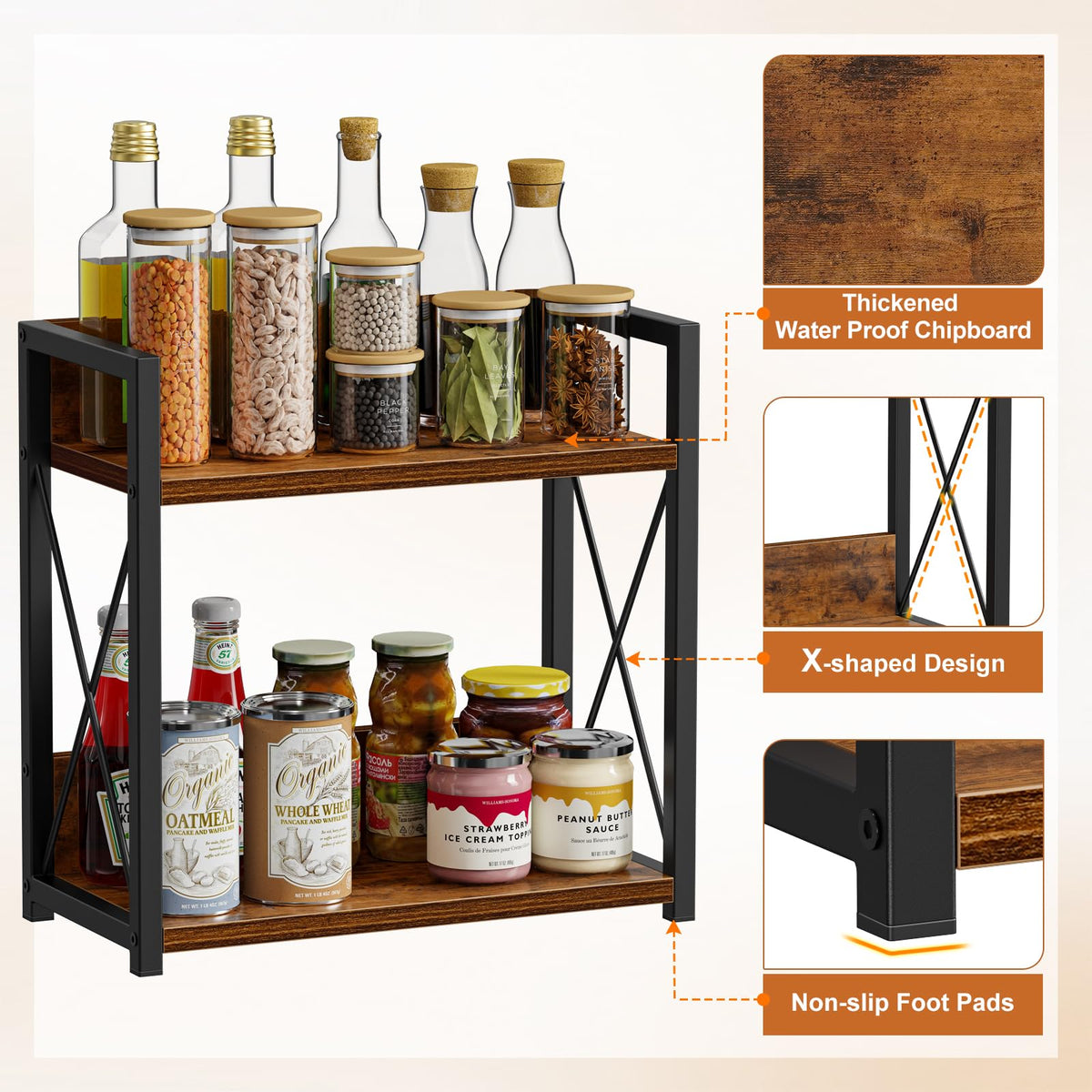 Giikin 2-tier spice rack close-up highlights sturdy material for durable storage