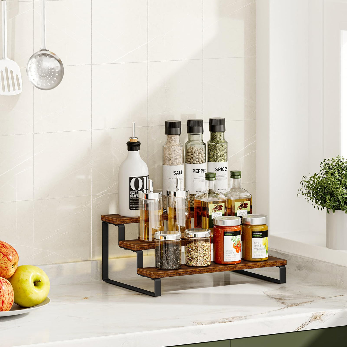 Giikin 3-tier spice rack rustic wood grain finish enhances decor