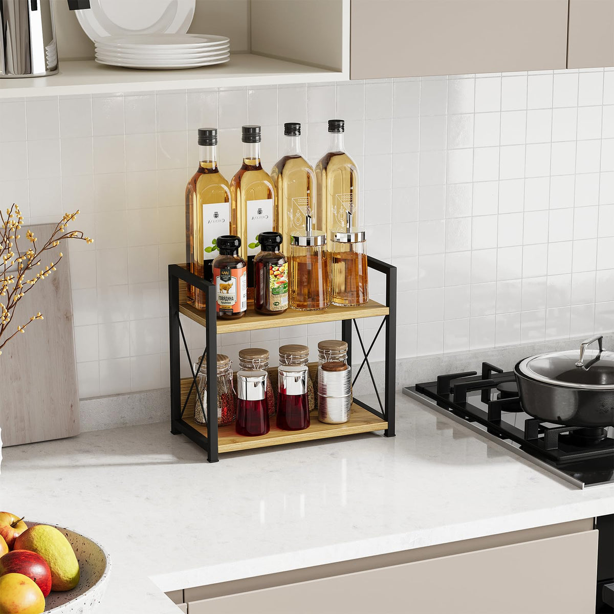 Giikin bamboo spice rack with large space holds jars and bottles neatly.