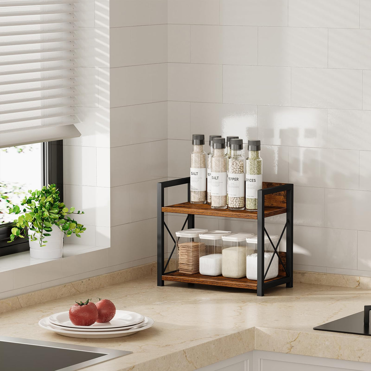 Giikin brown countertop spice rack on display blending rustic charm with practicality